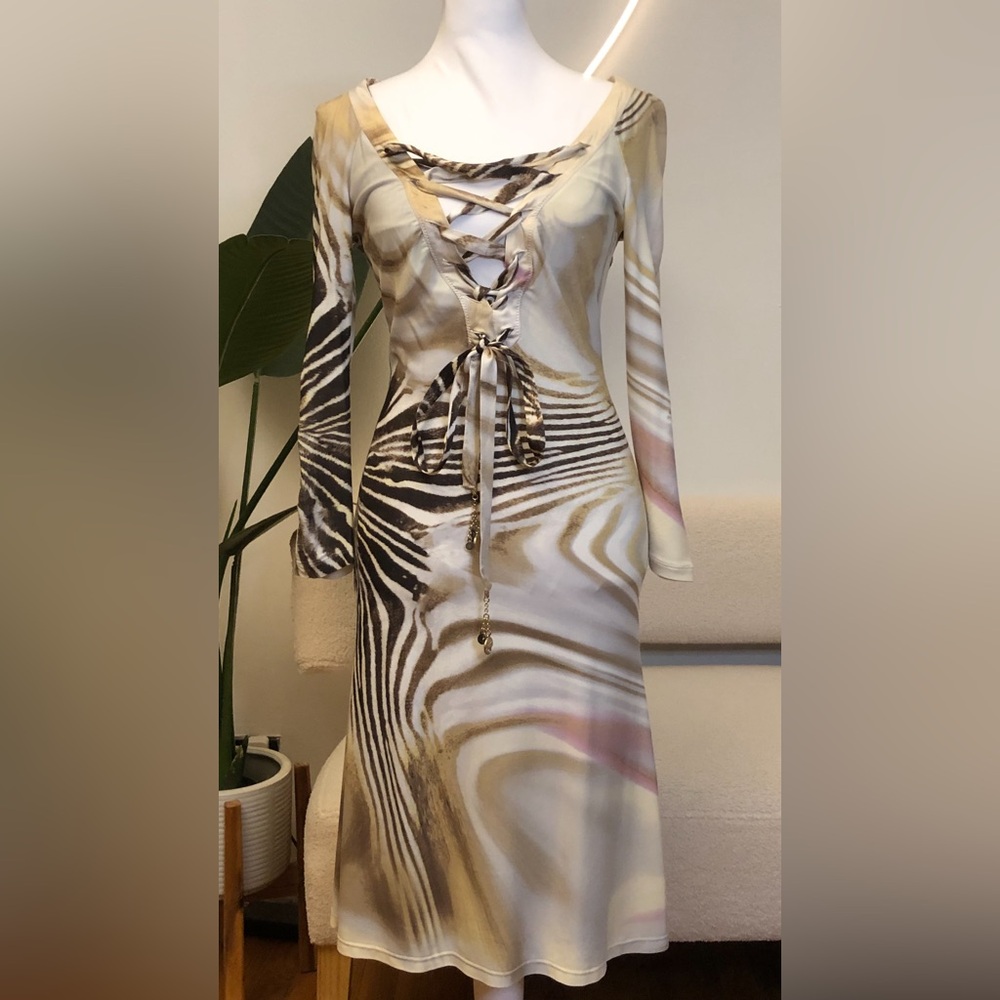 Roberto Cavalli Beige and Brown Patterned Dress